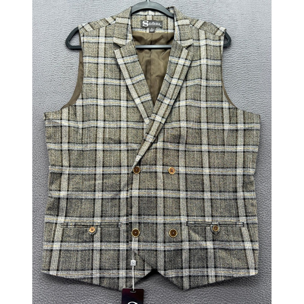 Silver Silk Vest Men's Large Brown Plaid Double Breasted Vest Metallic Gold NWT